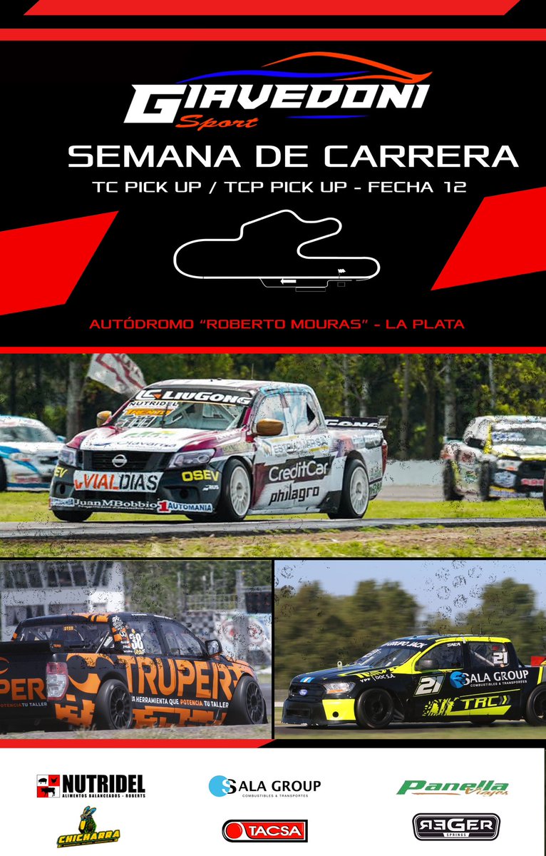 Es #SemanadeCarrera y cerramos el campeonato de #TCPickUp y #TCPPickUp en La Plata 🏁.

Buscaremos cerrar el año siendo protagonistas luego de los muy buenos resultados parciales que hemos mostrado con nuestros pilotos ✔️.

<a href="/nicopezzucchi/">Nicolas Pezzucchi</a> 
<a href="/maurilambiris6/">Mauricio Lambiris</a> 
<a href="/HernanSalaOk/">Hernan Sala</a>