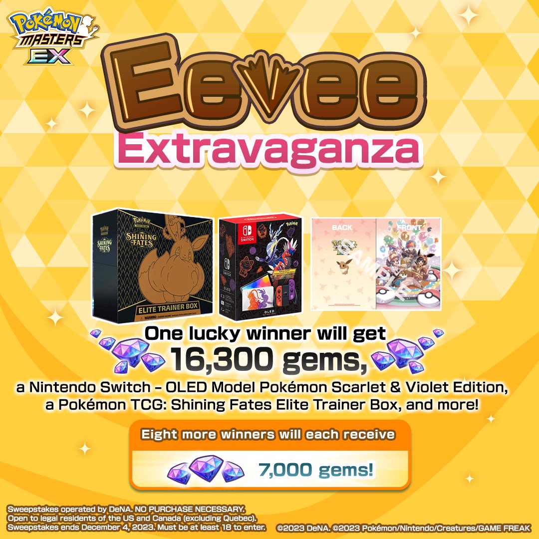 One lucky winner will get:
• 16,300 gems
• Various Pokémon TCG products
• One Nintendo Switch – OLED Model Pokémon Scarlet &amp; Violet Edition
• An Eevee-themed clear file folder

8 other winners get 7,000 gems and the same clear file folder.

Enter here:
bit.ly/3tRXbZo