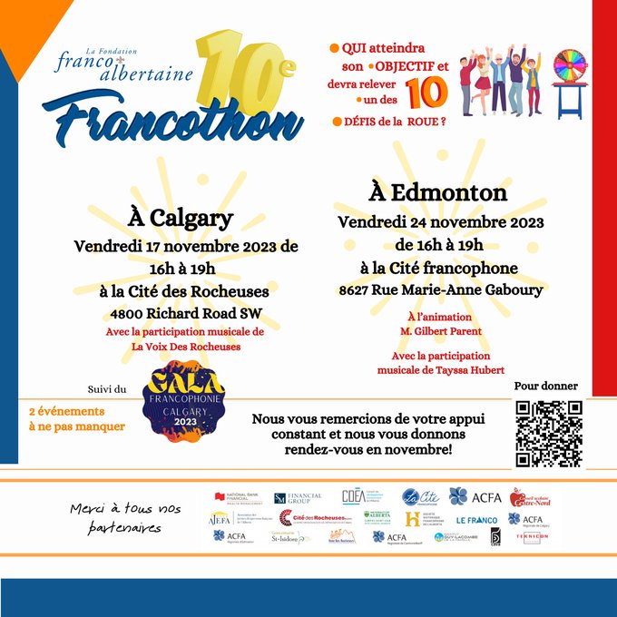 ACFAAB's tweet photo. 🎉💰🎶 RAPPEL- @FrabFondation amassent des fonds dans le cadre de la 10e édition du Francothon !
📍 Rendez-vous à Edmonton le 24 novembre prochain à partir 16 h 00 à La Cité Francophone, 8627, rue Marie-Anne-Gaboury.
👉 https://t.co/PjZXylYSEt #frab #frcan #francothon https://t.co/KpZtgbzuPw
