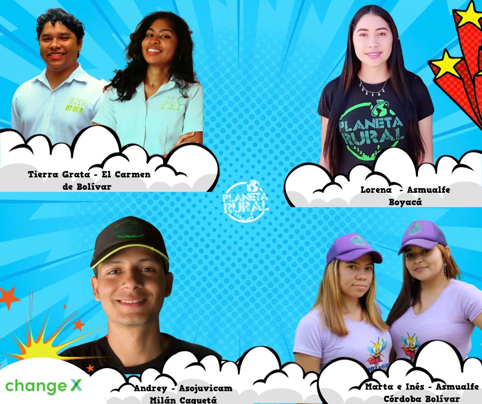 ¡Felicidades a los ganadores del programa Súper Héroes Rurales a través de <a href="/ChangexHQ/">ChangeX</a>!
Serán beneficiadas <a href="/tierragrata/">Tierra Grata</a> de El Carmen Bolívar, La Asociación de Víctimas Juveniles Campesinas de Milán Caquetá, y la Asociación de Mujeres en Acción La Fe, en Bolívar y Boyacá 🦸💚🦸🏻‍♀️🌱.
