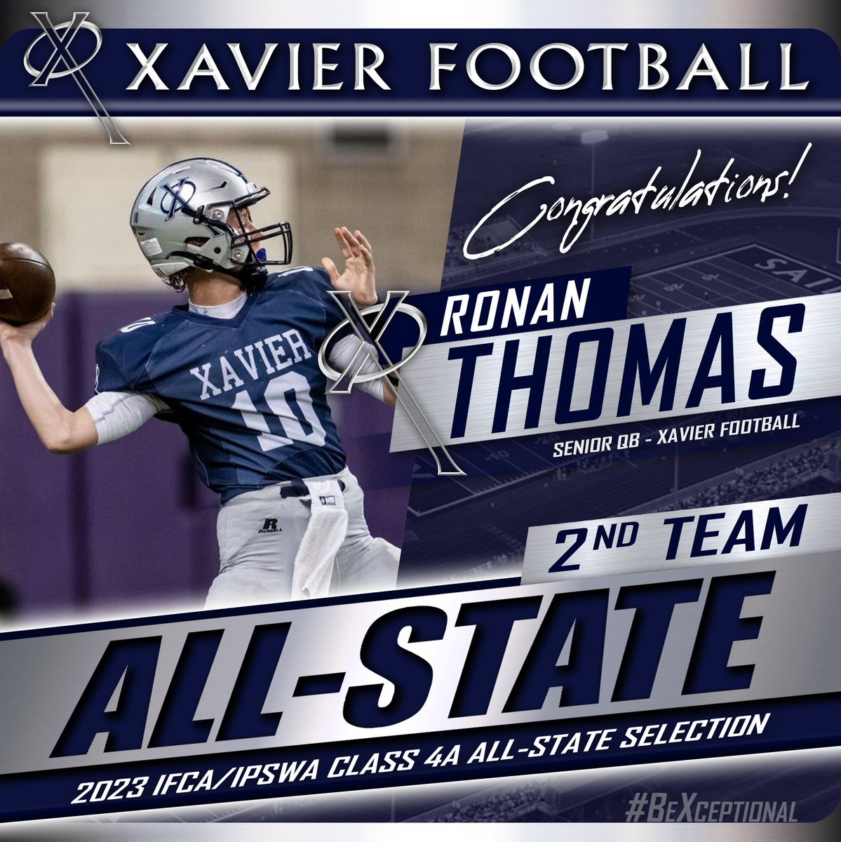 XavierSaints's tweet photo. Congratulations to Xavier Football's Ronan Thomas (QB), Colton Beasler-Weber (Ret), Jace Borcherding (OL), and Grant Helmle (LB) on earning 2nd Team All-State honors from the IFCA/IPSWA! #WeAreXavier #BeXceptional https://t.co/Yx0f9cBMaw