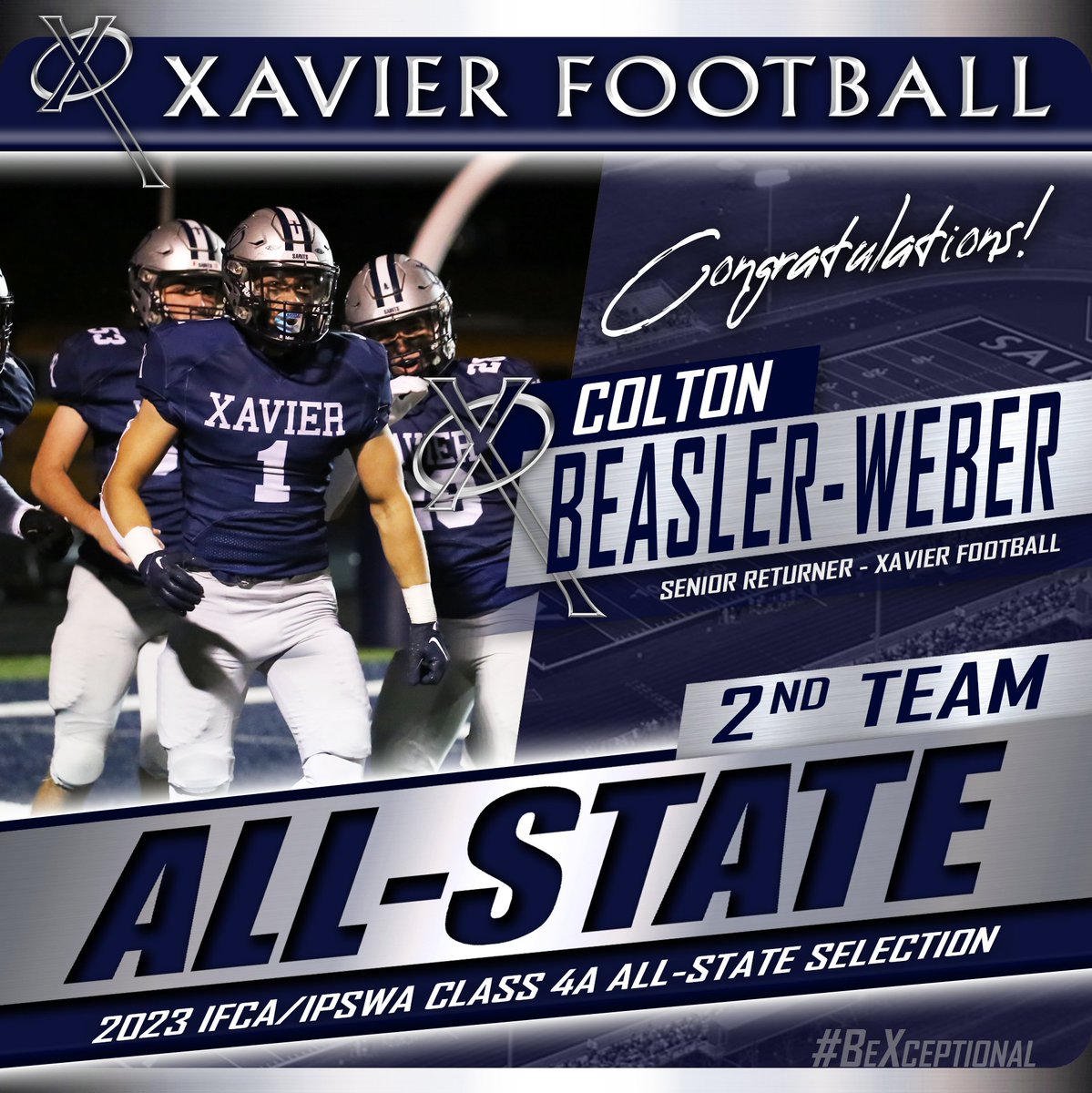XavierSaints's tweet photo. Congratulations to Xavier Football's Ronan Thomas (QB), Colton Beasler-Weber (Ret), Jace Borcherding (OL), and Grant Helmle (LB) on earning 2nd Team All-State honors from the IFCA/IPSWA! #WeAreXavier #BeXceptional https://t.co/Yx0f9cBMaw