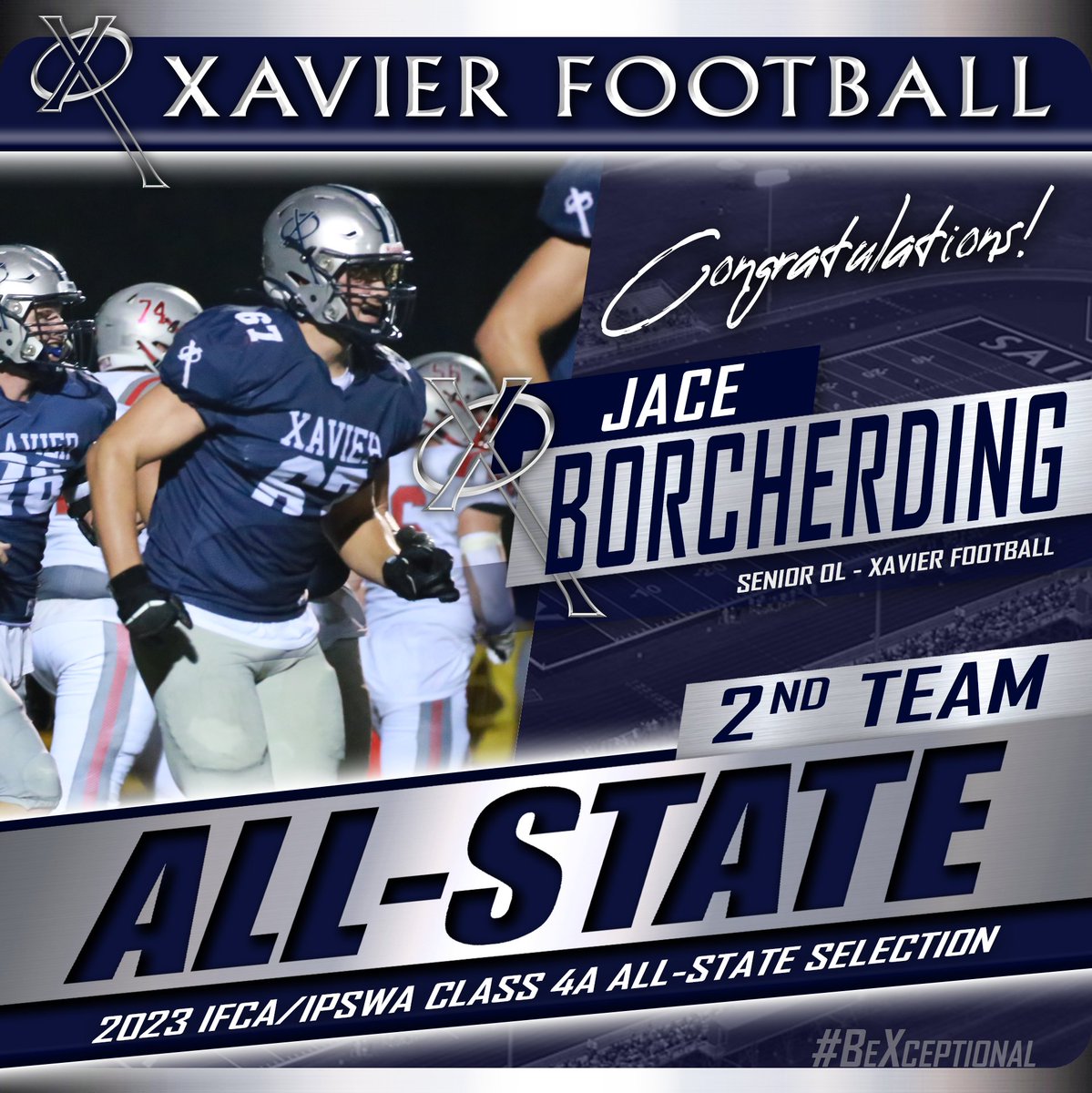 XavierSaints's tweet photo. Congratulations to Xavier Football's Ronan Thomas (QB), Colton Beasler-Weber (Ret), Jace Borcherding (OL), and Grant Helmle (LB) on earning 2nd Team All-State honors from the IFCA/IPSWA! #WeAreXavier #BeXceptional https://t.co/Yx0f9cBMaw