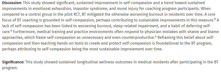 Better Together: A Novel Online Physician Group Coaching Program to Reduce Burnout in Trainees: A Longitudinal Analysis w/ Dr @jones_delong & @TyraFainstadMD @AMannimalMD in @AcadMedJournal pubmed.ncbi.nlm.nih.gov/37983447/