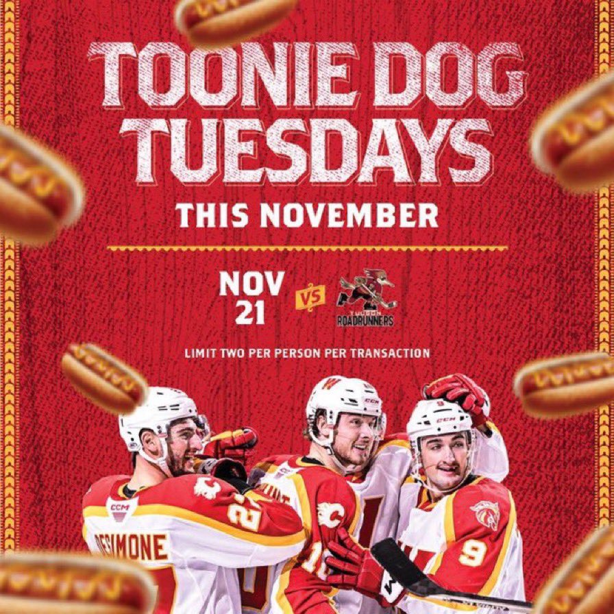 AHLWranglers's tweet photo. Join us tonight for 🌭 Toonie Dog Tuesday as we host the @RoadrunnersAHL! 

🎟️: https://t.co/O6CvOFwIf4… https://t.co/uvZh2nmwSB