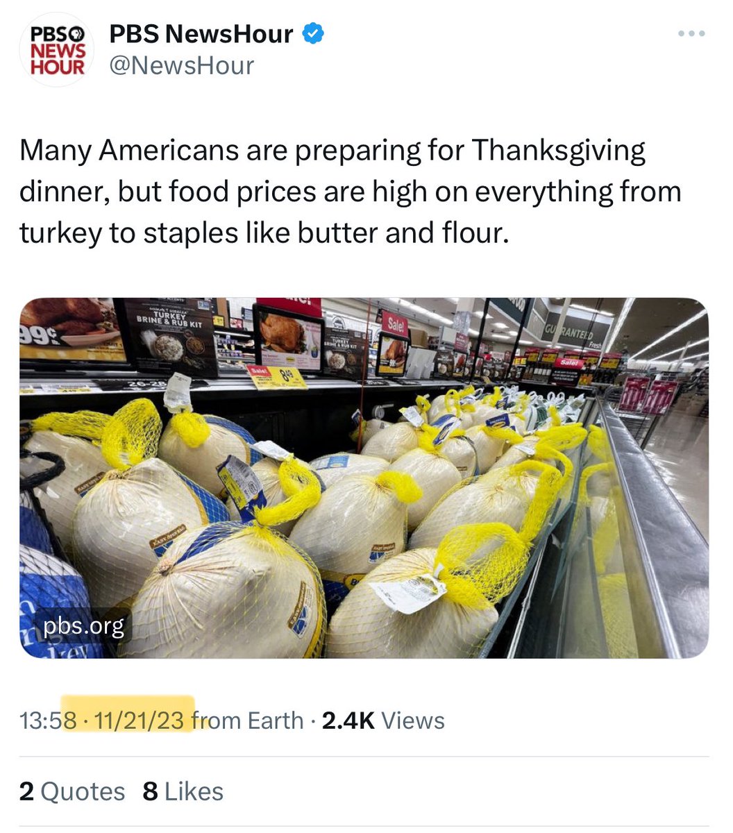 This is #MediaMalpractice: PBS tweeted this 2022 story today. The economic news this Thanksgiving is that prices are DOWN.