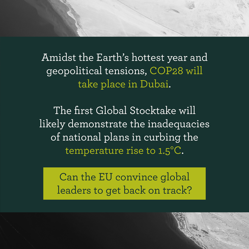 fleishmanEU's tweet photo. Will @COP28_UAE  be the turning point in the fight against climate change that is so urgently needed?

In exactly one week, the @UN's principal climate action conference #COP28 will start in Dubai.

Swipe to learn more about key agenda items and the #EU’s main objectives 👇