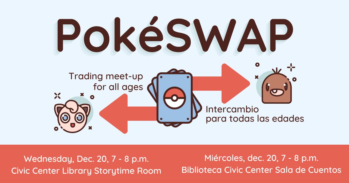 #Pokémon adventure to bring enthusiasts of #AllAges together for a fun-filled time! 🎉Trading  encouraged but not required. Connect w/ the Pokémon community, make new friends, &amp; #CatchEmAll!
Dec. 20, 2023
7p.m.
#CivicCenterLibrary, 1188 S. Livermore Ave.,
#Livermore, Calif. 94550