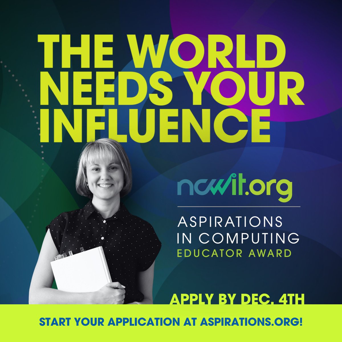 Just 2️⃣ weeks left to apply for the #NCWITAiC24 Educator Award! This award honors formal or informal educators who have endorsed a student for Aspirations in Computing and work to build gender equity in computing! Learn more + apply online: aspirations.org/AiCEducatorAwa…