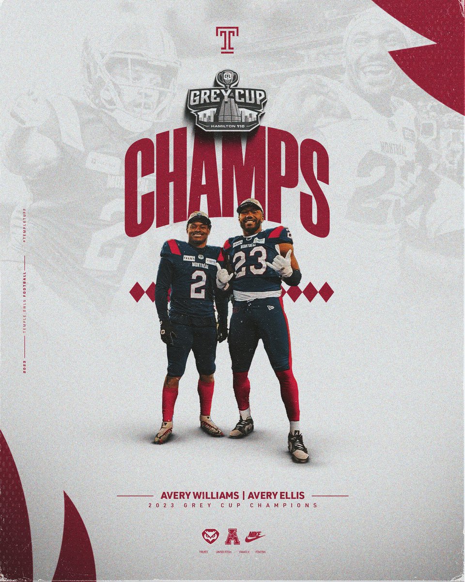 Temple_FB's tweet photo. Shoutout to our guys Avery Williams and Avery Ellis on taking home this year’s @CFL Grey Cup! 😤

#TempleTUFF https://t.co/taM5NgGilz