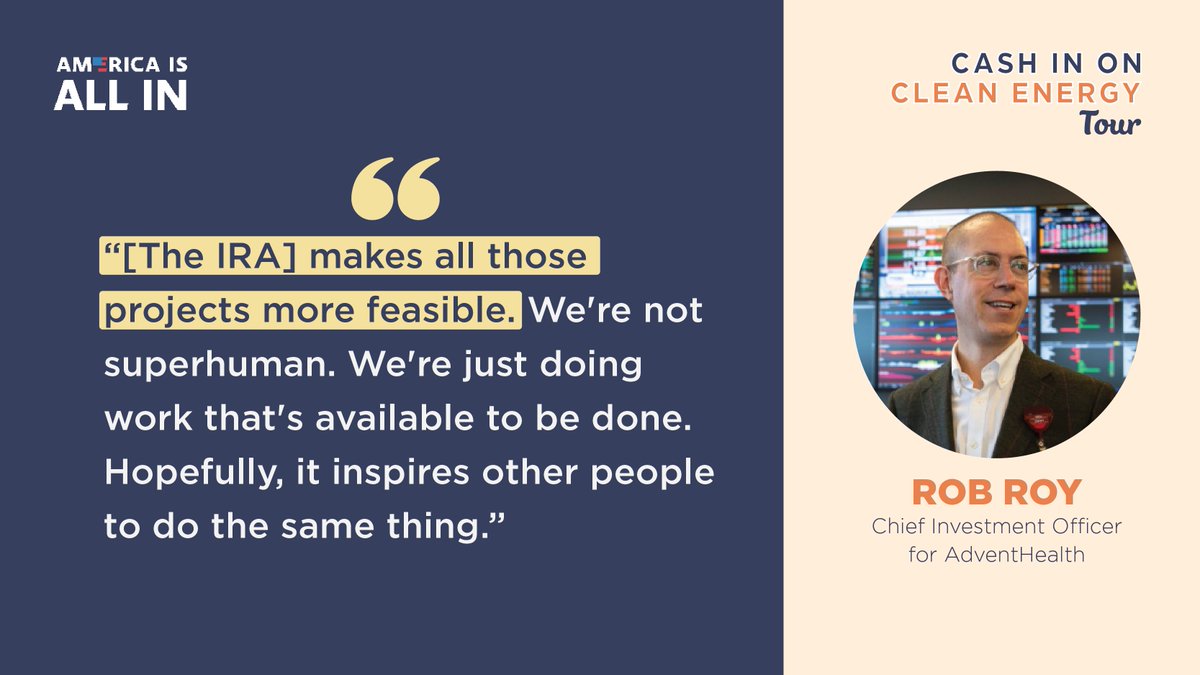 RMIPolicy's tweet photo. The #IRA allows schools & nonprofits to be reimbursed for #CleanEnergy projects. Rob Roy of @AdventHealth said this was a game changer for his hospital’s climate footprint.
Learn more about @americaisallin's #CashInOnCleanEnergy tour: https://t.co/bjGjCkDKON https://t.co/64yuxNxGPl