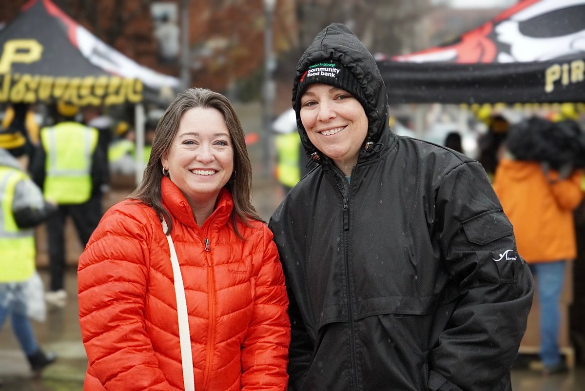 Our own Julie Miller and Beth Burrell from the Greater Pittsburgh Community Food Bank braved the elements at today's 3rd annual #BurghProud Turkey Distribution event. We're proud to partner with the Food Bank to help local families have a memorable Thanksgiving feast. 🦃💛