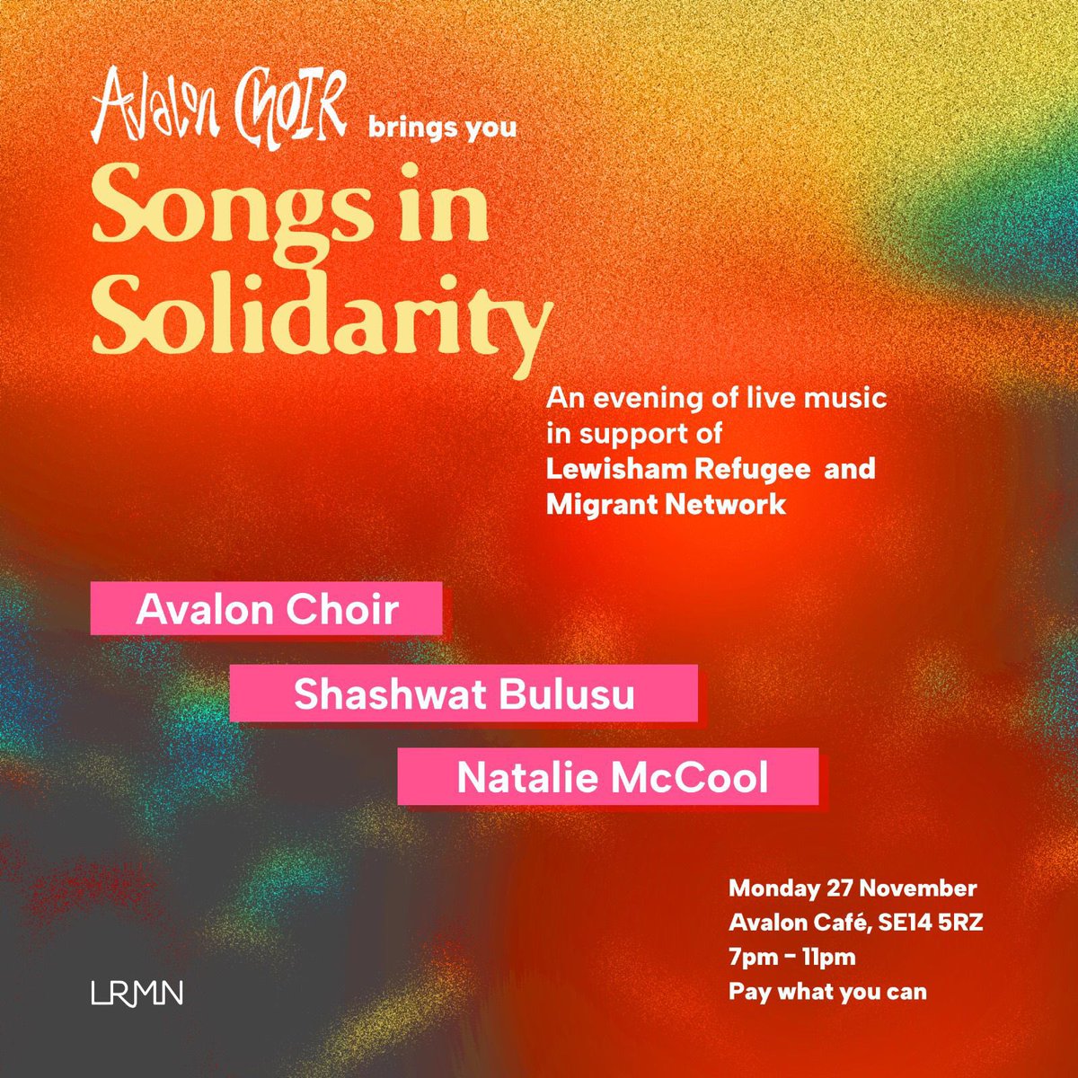 NatalieMcCool's tweet photo. LONDON FRIENDS 📢 

Playing a lush solo set at Avalon Cafe Bermondsey THIS MONDAY 26th Nov for a charity fundraiser ❤️‍🔥

“Songs in Solidarity” supports the @LRMNetwork and will feature sets from myself, Shashwat Bulusu and the Avalon Choir 🖤

7pm-11pm 🤍 donations are welcome https://t.co/LFn68lU4Dc