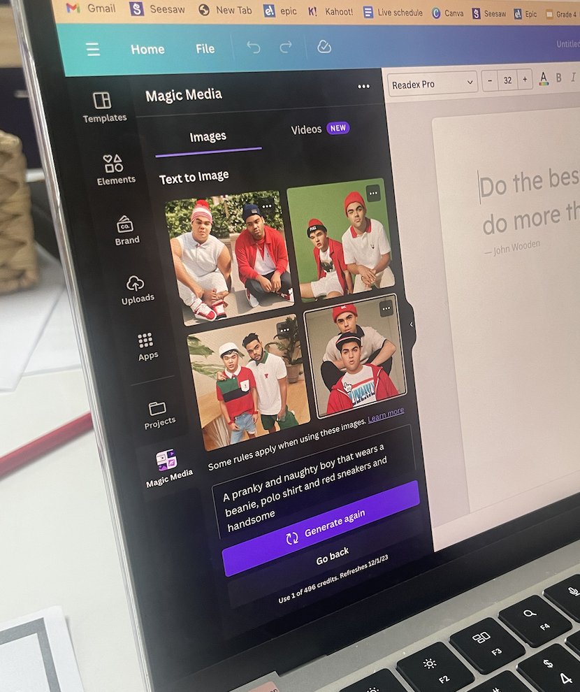 TerryKTeacher's tweet photo. Ss using @canva's Magic Media tool to transform their basic character descriptions into something a little more powerful with additional prompting. The results were exciting. Ss were excited to share and get writing! https://t.co/XpIDYdZ2UX