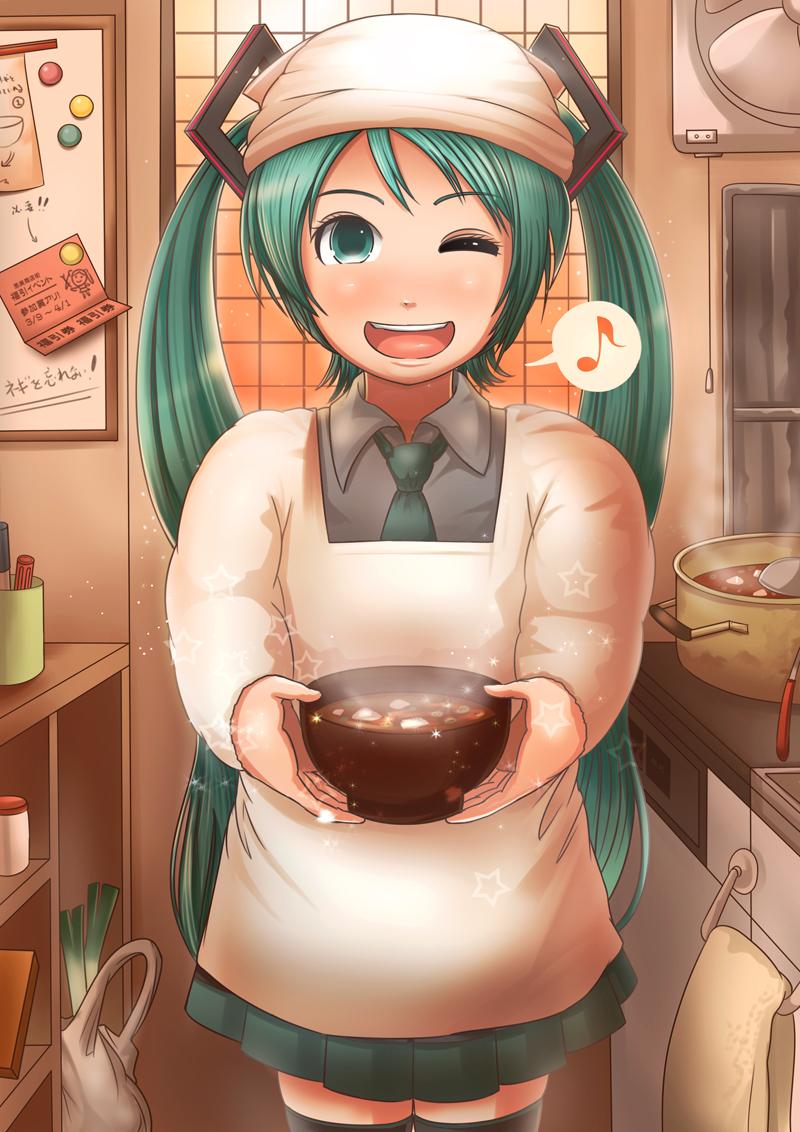 初音ミク「ネギ多めの味噌汁を作ってくれるお手伝いさん初音ミクちゃん! #いいツインテールの」|jamesjoji (ジョオジ)/ロボ娘4コマ【サイドKOBE:2バンチ-3b】のイラスト