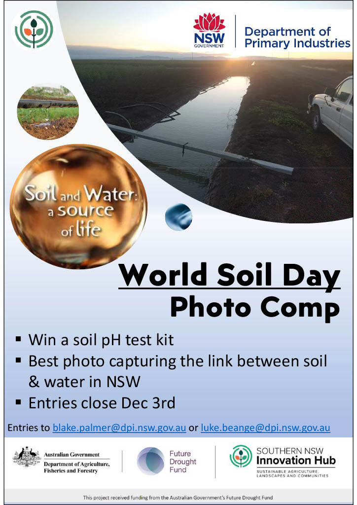#WorldSoilDay is coming 5th Dec! 🎉
Help us &amp; <a href="/SouthernNSWHub/">Southern NSW Innovation Hub</a> celebrate the theme "Soil and Water: a source of life" by entering our photo comp!

Photos should highlight this years theme in a NSW context

More WorldSoilDay info here: fao.org/world-soil-day…

Comp details below 👇