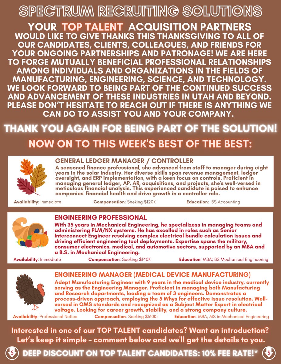 thespectrumsolu's tweet image. IT’S TOP TALENT TUESDAY! Drop a line in the comments or email Lexi@thespectrumsolution.com for an introduction.

This week’s candidates:
#GeneralLedgerManager / #Controller
#EngineeringProfessional
#EngineeringManager #MedicalDeviceManufacturing)

#toptalent #spectrumrecruiti ...