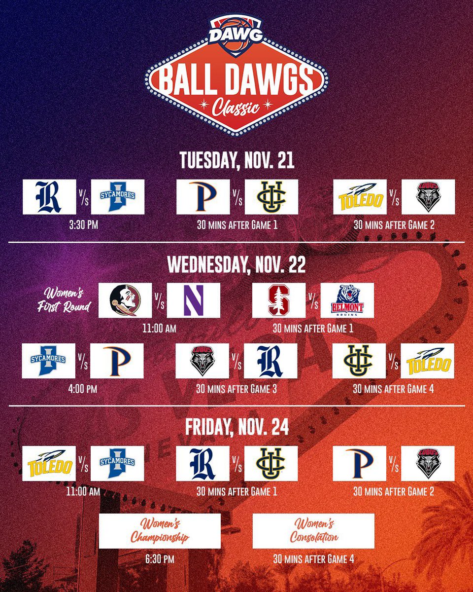 This is going to be a lot of fun! The @theballdawgs Classic kicks off today at the @TheDLCHenderson. I'll be on the call for all four of the women's games that tip off Wednesday: (13) @fsuwbb vs @nuwbball (4) @StanfordWBB vs @BelmontWBB #BallDawgsClassic