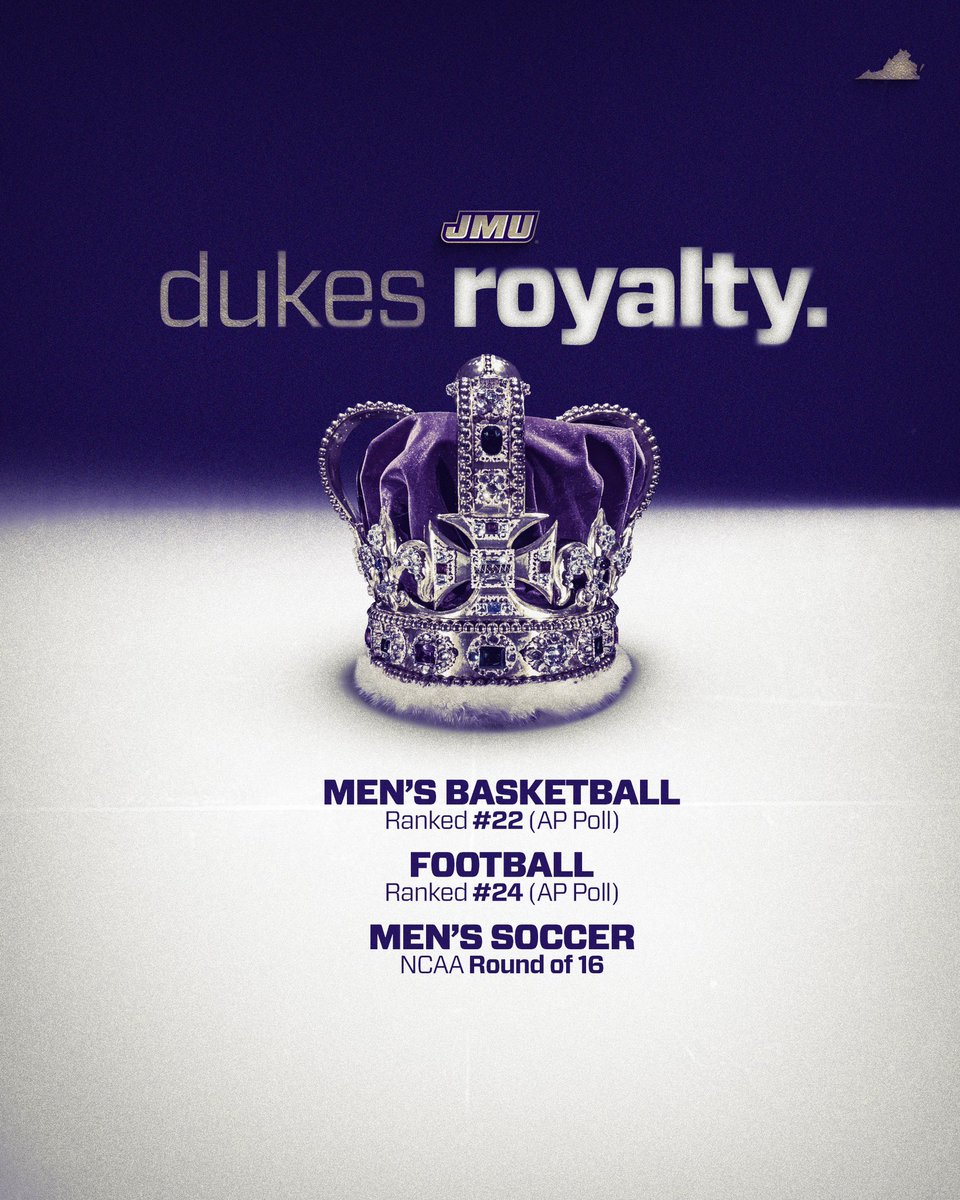 Alone on the Throne. 👑

James Madison is the only school in the country to earn national rankings in football and men’s hoops alongside a Round of 16 berth in men’s soccer.

#GoDukes