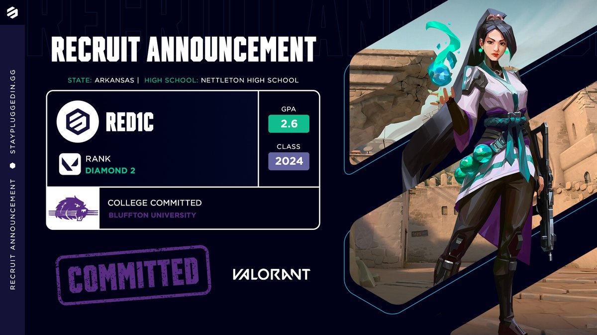 Stay_Plugged_In's tweet photo. New #SPINCommit๐
Join us in congratulating Bryndyn "Red1c" Sullivan and their commitment to @BlufftonEsports.
Bryndyn will compete on the Beavers' VALORANT roster ๐ฆซ and make the trip from Arkansas โ๏ธ Ohio to #ProtectTheDam https://t.co/grWz2IJi3H