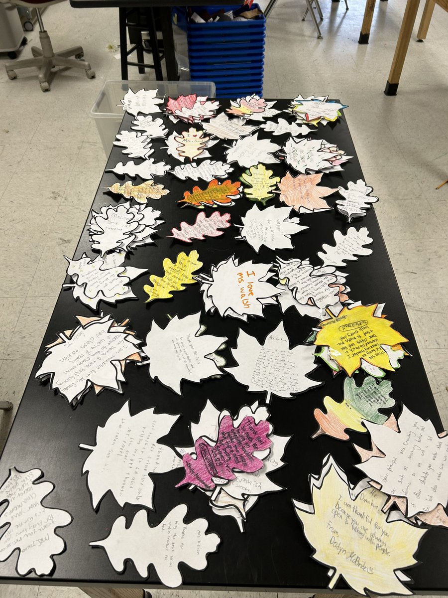 moliveira5757's tweet photo. I will never stop bringing little glimmers of light from the campus’ I miss. Today, 7th graders showed thankfulness for  teachers on a leaf &amp; snuck them on their doors before leaving so they’ll have a surprise  in the morning on what’s sure to be the longest half day ever💙🐻🧡🛡️ https://t.co/LOMCpNeYaP