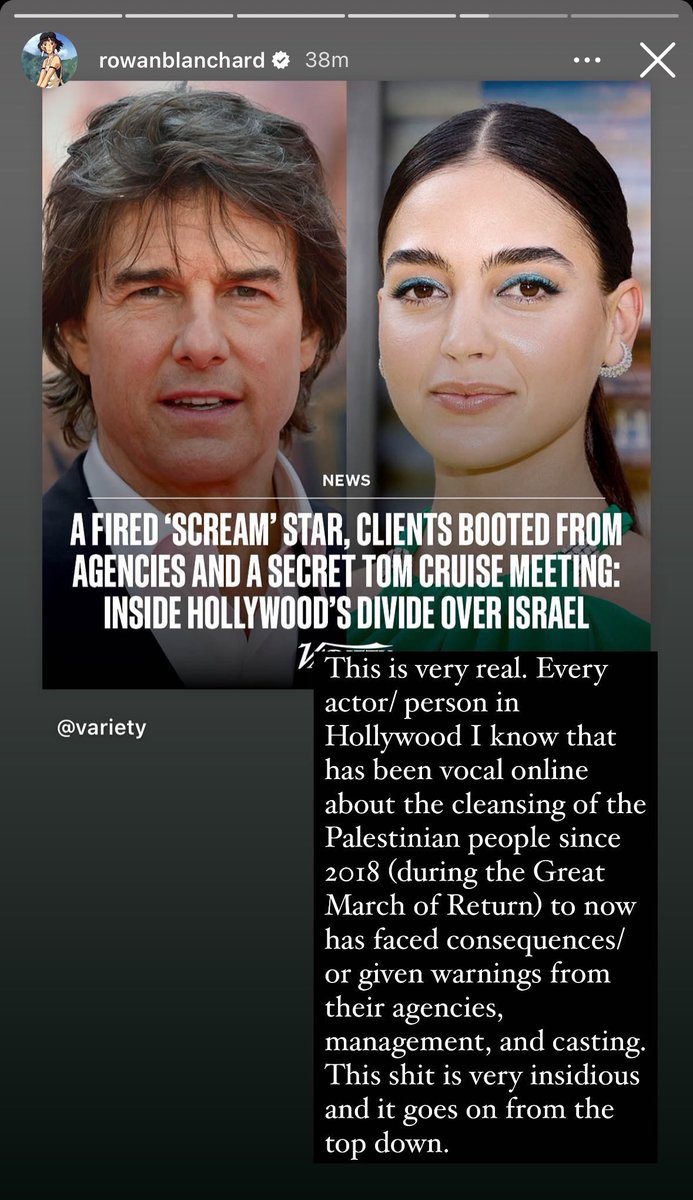 Rowan Blanchard via Instagram Stories: “Every person in Hollywood I know that has been vocal online about the cleansing of the Palestinian people since 2018 to now has faced consequences.”