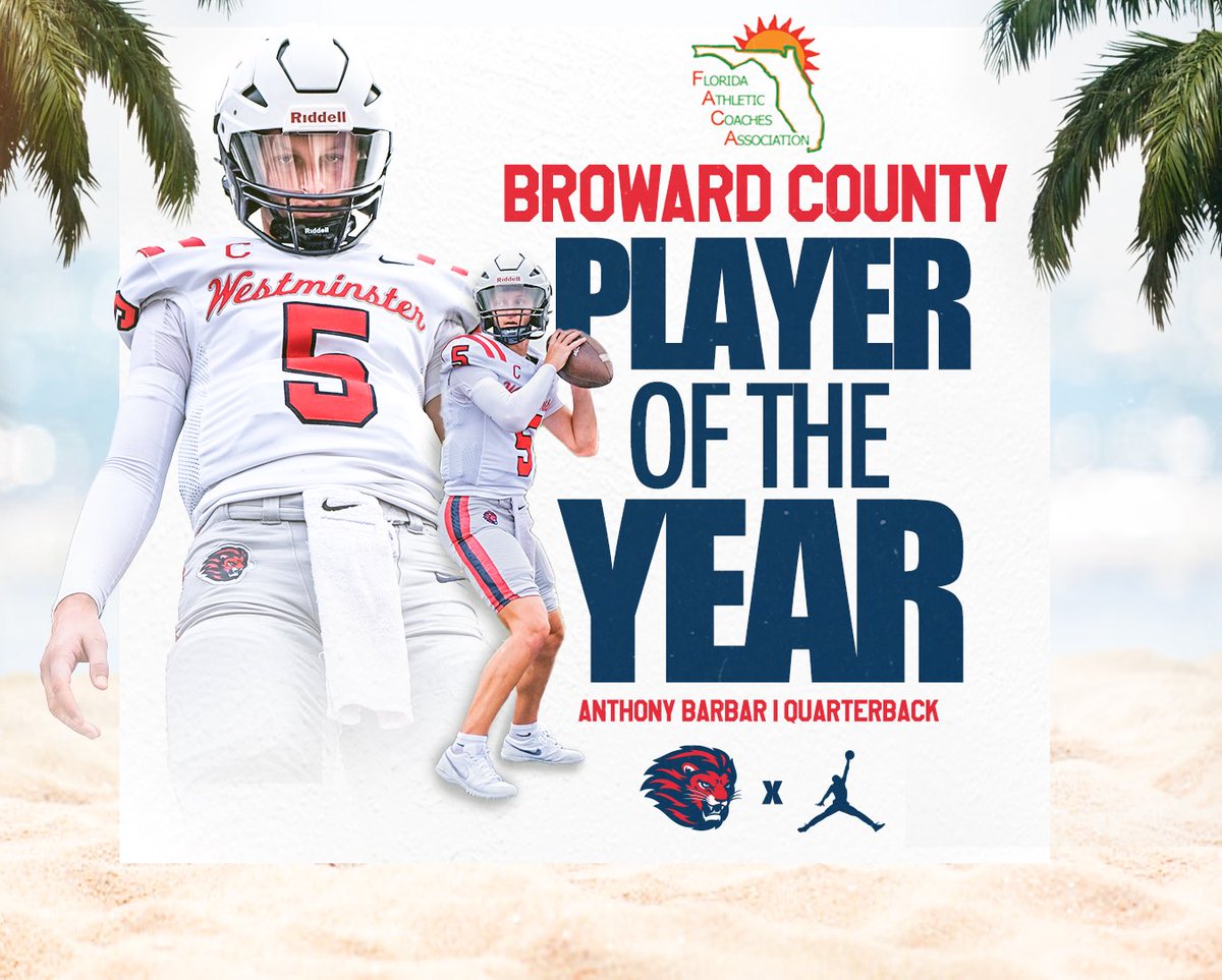 Westminster Academy Football (@walionsfb) on Twitter photo Congratulations to Senior QB Anthony Barbar <a href="/AnthonyBarbar5/">Anthony Barbar</a> on being named the FACA Broward County Player of the Year‼️ Congratulations to Senior QB Anthony Barbar <a href="/AnthonyBarbar5/">Anthony Barbar</a> on being named the FACA Broward County Player of the Year‼️