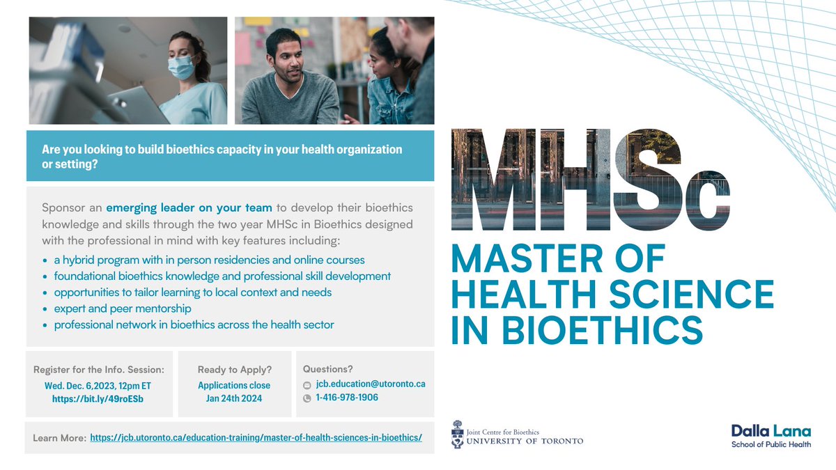 Looking to build a bioethics capacity in your health setting? Sponsor an emerging leader on your team to develop their bioethics expertise through the MHSc in Bioethics designed with the professional in mind. Reg for info. session on Wed. Dec. 6 at 12pm: bit.ly/49roESb.