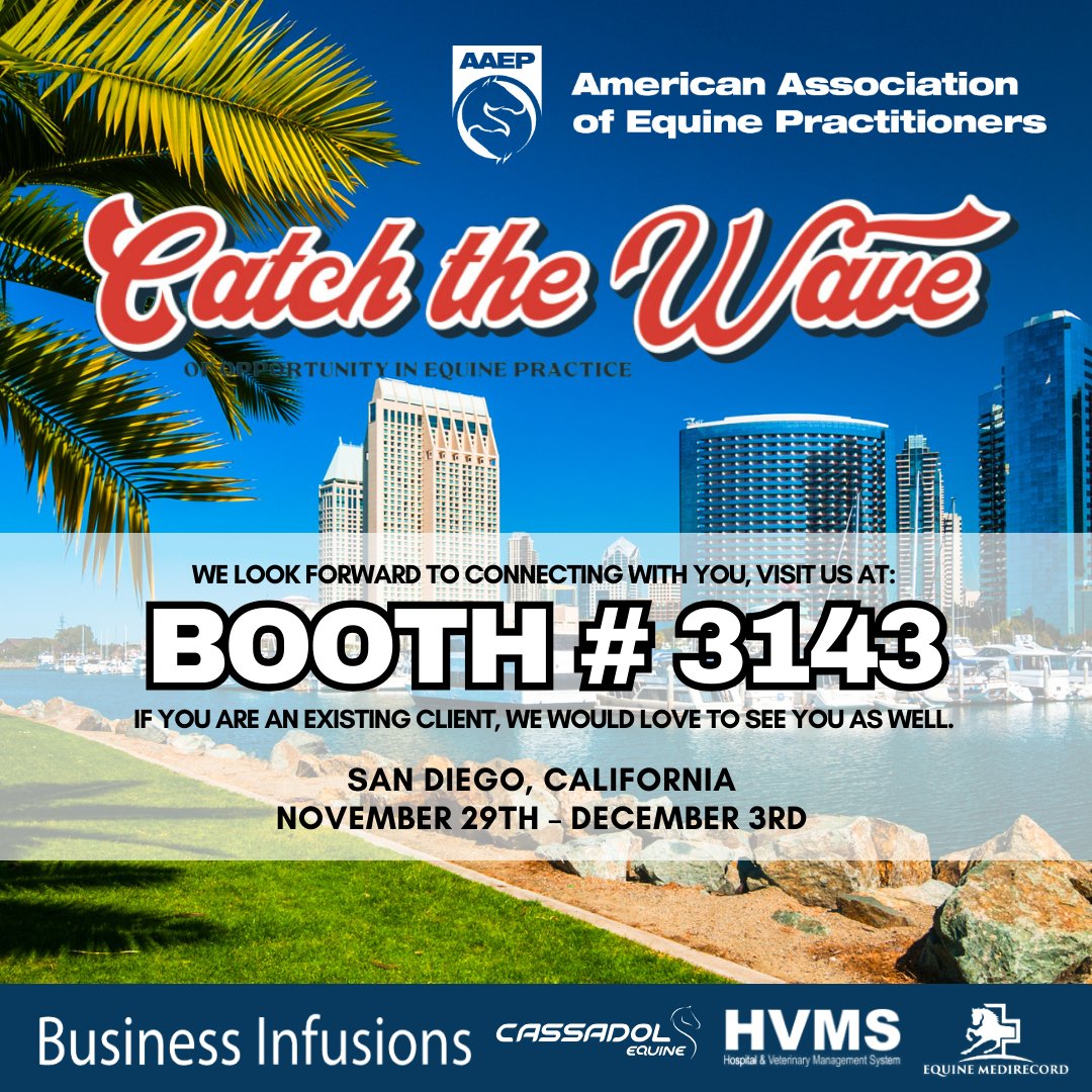 Excited for #AAEP! Visit Business Infusions at Booth No. 3143 for a glimpse into our cutting-edge practice management software and new partnerships. 

Whether you're starting an equine practice or managing a multi-doctor clinic, we've got solutions for you. See you there!