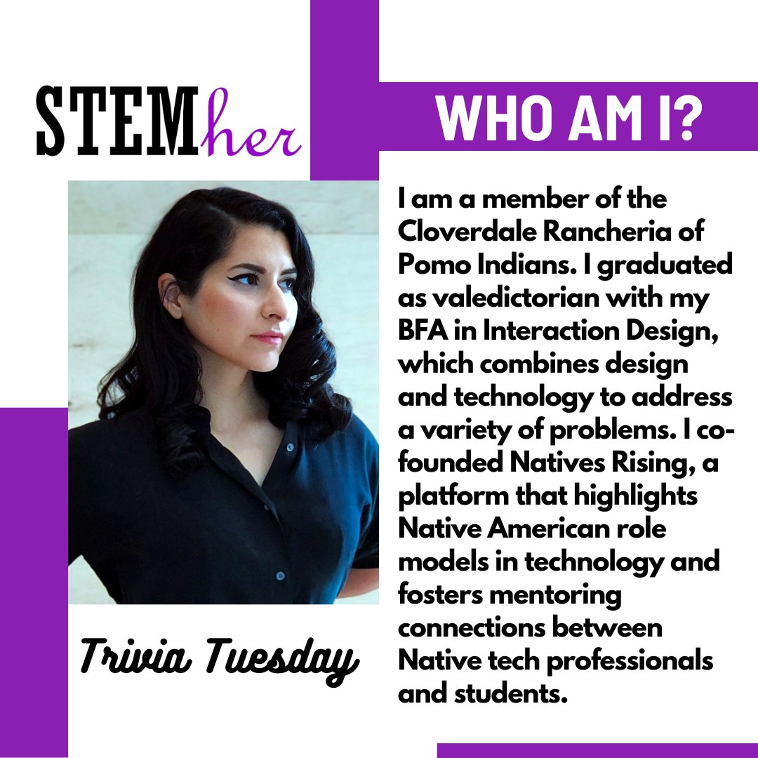 STEMher_'s tweet image. "I'm a Pomo Indian. I graduated as valedictorian in Interaction Design. I co-founded Natives Rising, highlighting Native Americans in tech &amp;amp; fostering mentor connections between tech professionals &amp;amp; students."

Do you know who this is? 
#nativesinstem #NativeAmericanHeritageMonth