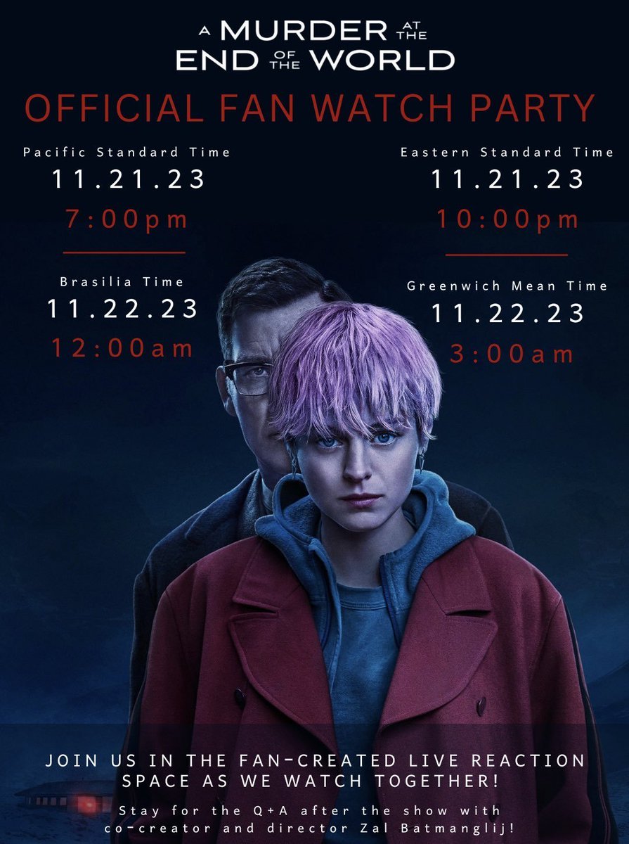 darlenesdom's tweet photo. REMINDER! There is a watch party for #AMATEOTW episode three TONIGHT on our discord server! Local times listed below. The one and only Zal Batmanglij will be stopping by to chat and answer questions at 8:15 PST too. Join us! 🩸🩸🩸 @z_al #AMurderAtTheEndOfTheWorld https://t.co/jLNZAkTmRF