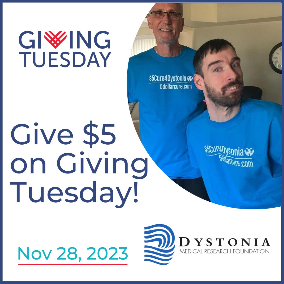 Give🖐️On Giving Tuesday. Help DMRF raise money and awareness $5 at a time. All funds raised today will be eligible to be matched by an anonymous donor. bit.ly/3Ra8YeZ Mike Delise (left) and Jason Dunn (right) launched $5DollarCure4Dystonia in 2017. #5dollarcure4dystonia
