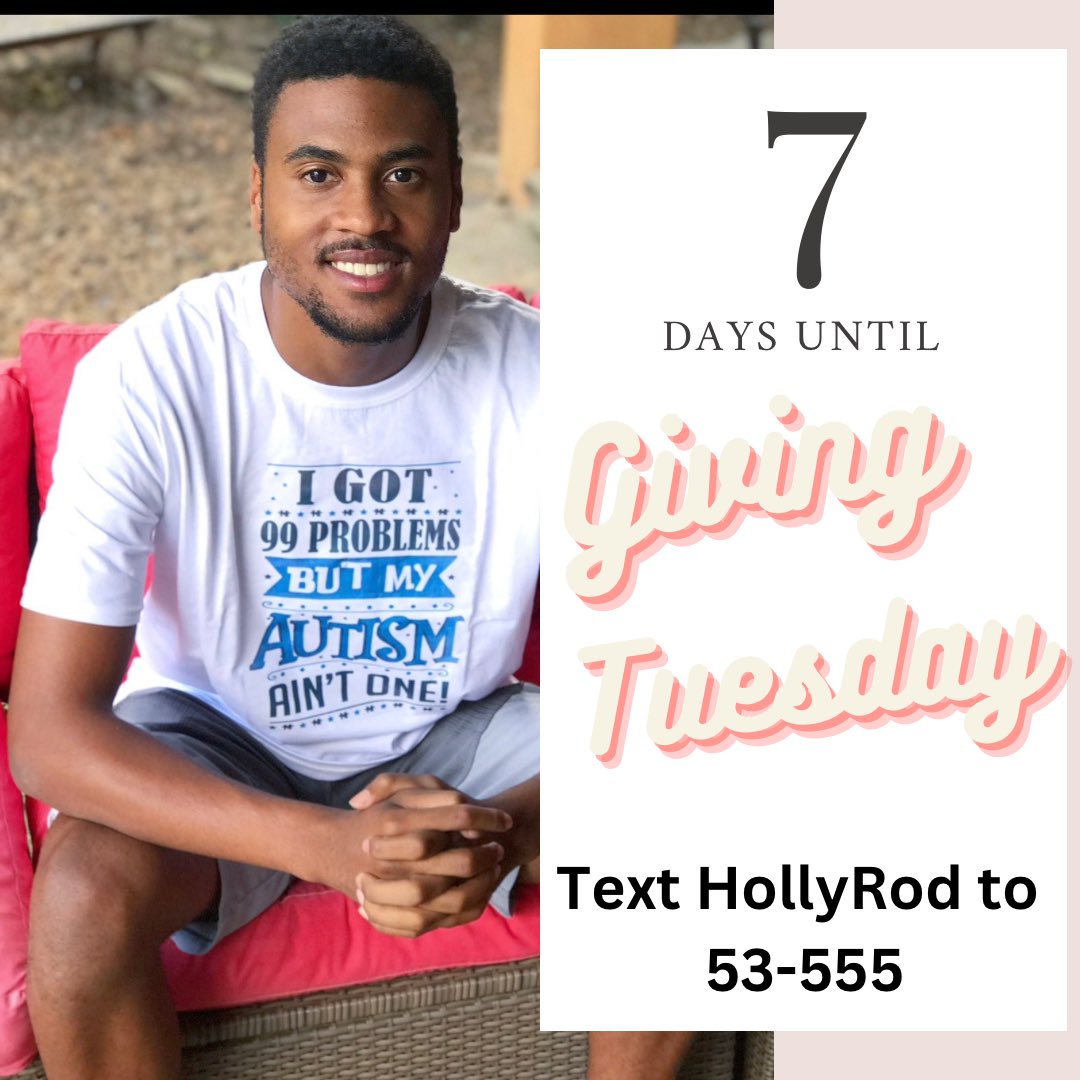 HollyRodFDN's tweet photo. Are you ready? Only 7 days until Giving Tuesday on 11/28! Mark your calendars! Support #HollyRod then or sooner at https://t.co/QN2NmlCmt7 or by texting HollyRod to 53-555 #Autism #AutismAcceptance #ParkinsonsDisease @hollyrpeete @RodneyPeete9 #GivingTuesday #GivingTuesday2023 https://t.co/ksHRvEy07y