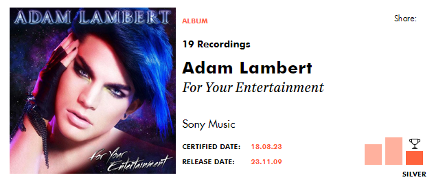 skaschep's tweet image. Did we already know @AdamLambert's #ForYourEntertainment album was certified Silver in the UK? 💿 Certified date: 18 August 2023! That's 60,000 shipments (sales + streaming)! 🎧 Congrats Adam! 🎉 bpi.co.uk/award/19223-64…