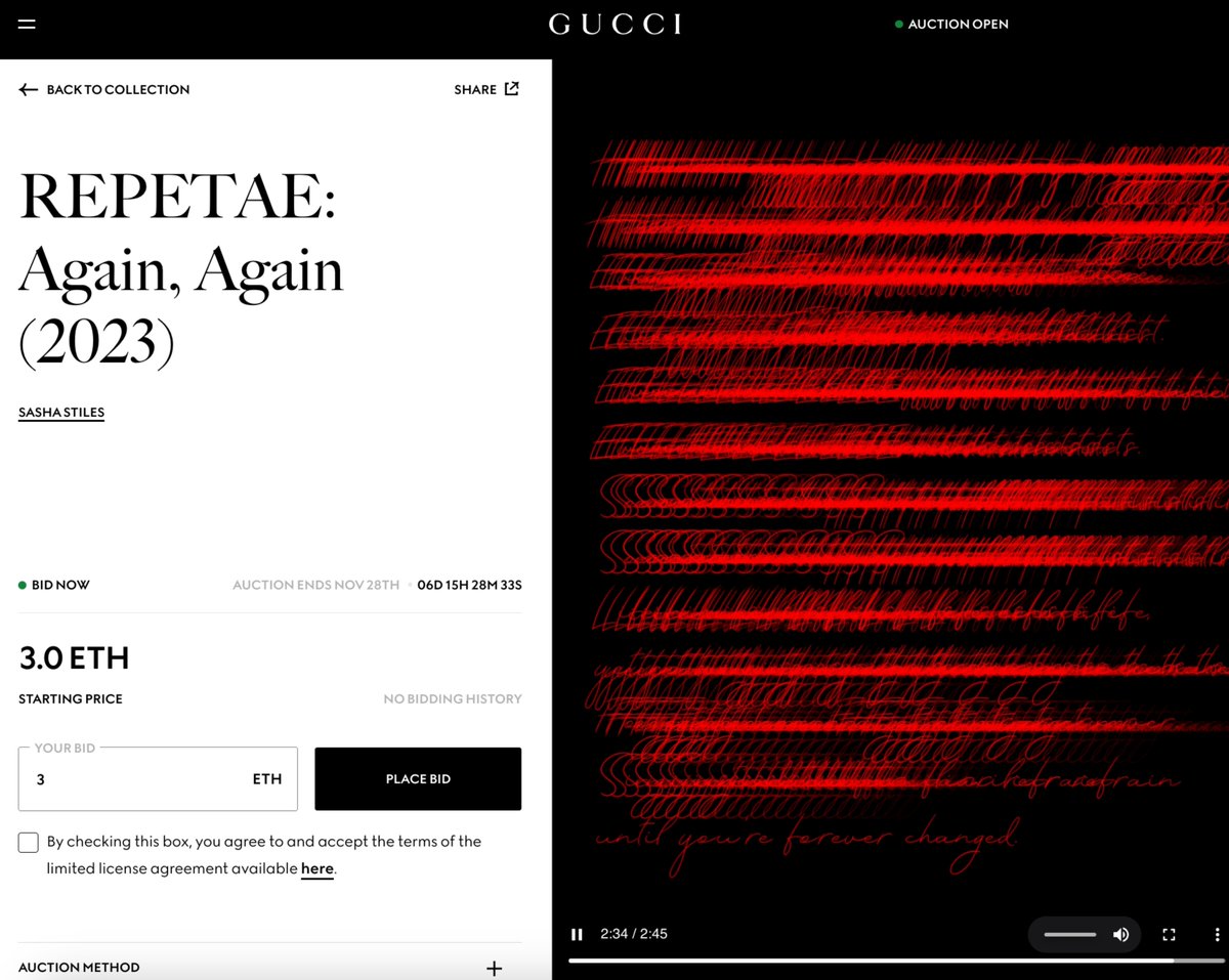 sashastiles's tweet photo. The full poem is now available to "read" at #GucciArtSpace. (Sound up!) The auction - "Parallel Universes: from Future Frequencies to #GucciCosmos" - is now open. Link in thread.
@gucci @christiesinc
#REPETAE #againagain https://t.co/tI2jcc5CMG