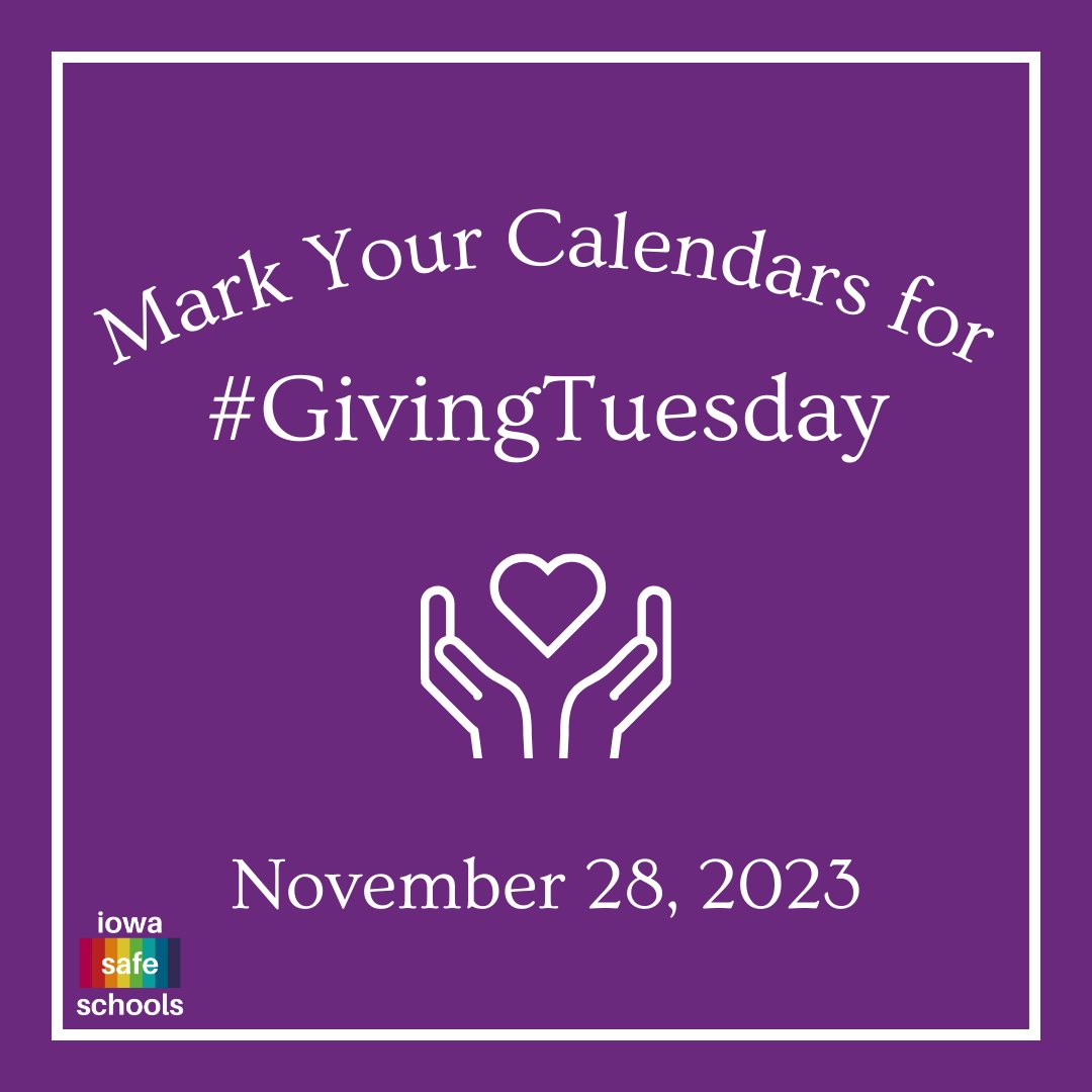 🌈 Next week is #GivingTuesday 🌈

Let's amplify the power of kindness and generosity! Be sure to support Iowa Safe Schools to ensure our work continues. 

Let's make this Giving Tuesday extraordinary by spreading love and making a positive impact together! 💙✨