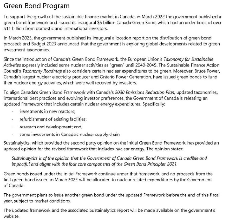 waynetpower's tweet photo. Nuclear is recognized as “Green” in Canada! The fall economic statement finally added nuclear to the Green Bond Program. Terrific news for NB, Canada &amp; our path to net zero. ⁦@NB_Power⁩ ⁦@arc_cleantech⁩ ⁦@MoltexEnergy⁩ ⁦@ONBCanada⁩ ⁦@AtlanticaEnergy⁩ https://t.co/TmvStkxil3