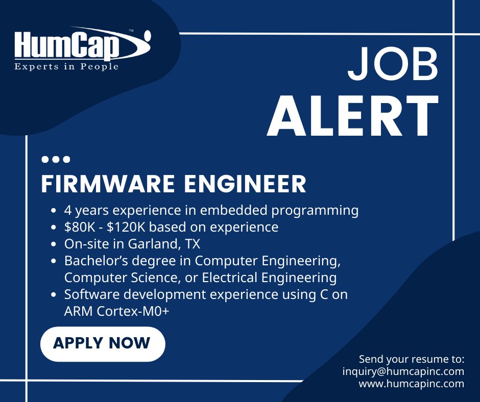 HumCapLP's tweet image. ➡️Now Hiring: Firmware Engineer in Garland, TX
Does this sound like you or someone you know? Let HumCap help you advance in your career. Follow the link to apply now: bit.ly/40TrICz
#hiringnow #firmwareengineer #EngineeringJobs