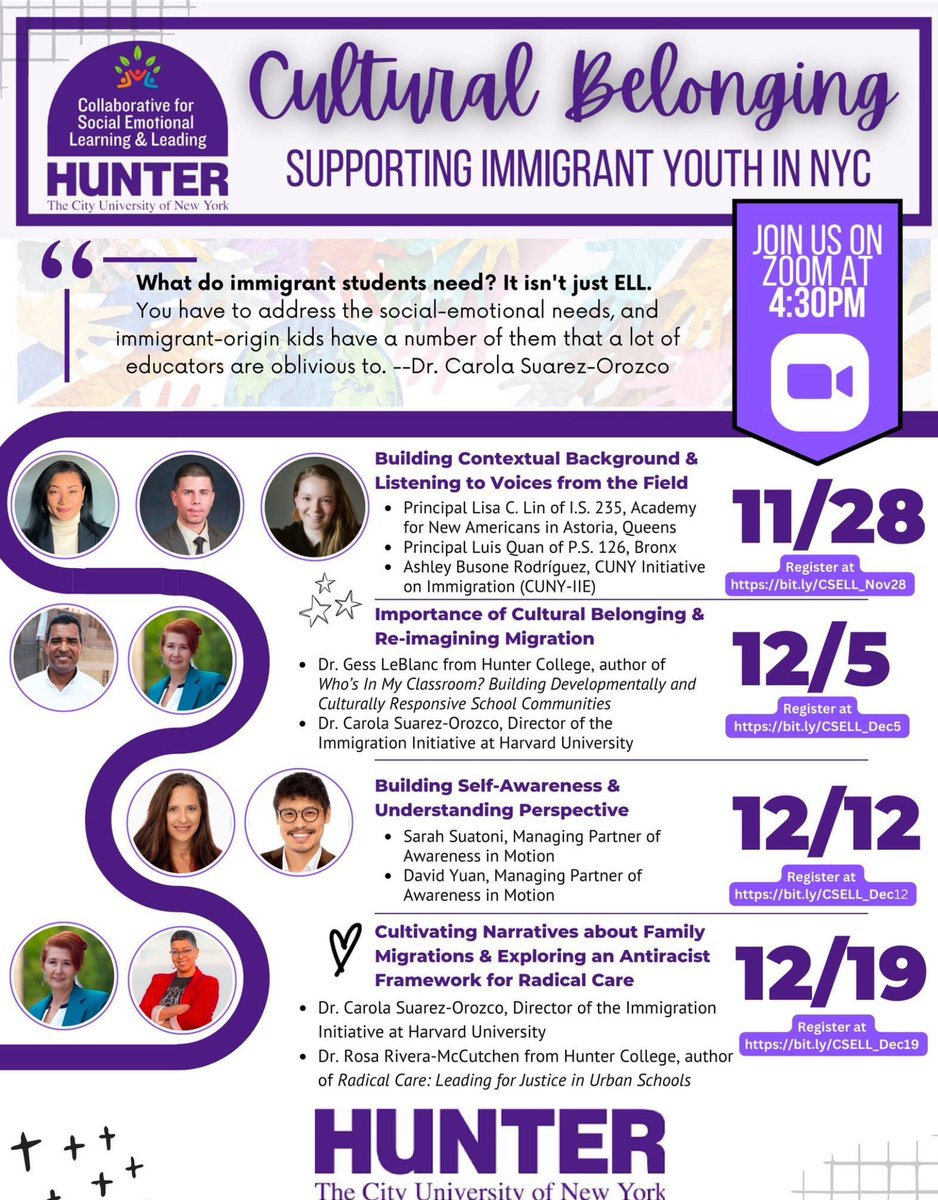 Upcoming Virtual Event: Nov 28 4:30 pm The session will launch a speaker series focused on fostering a sense of belonging for our immigrant and asylum seekers in New York City. Featuring @quanl09 P.S. 126 Principal & NYSABE Secretary! Register here: bit.ly/CSELL_Nov28