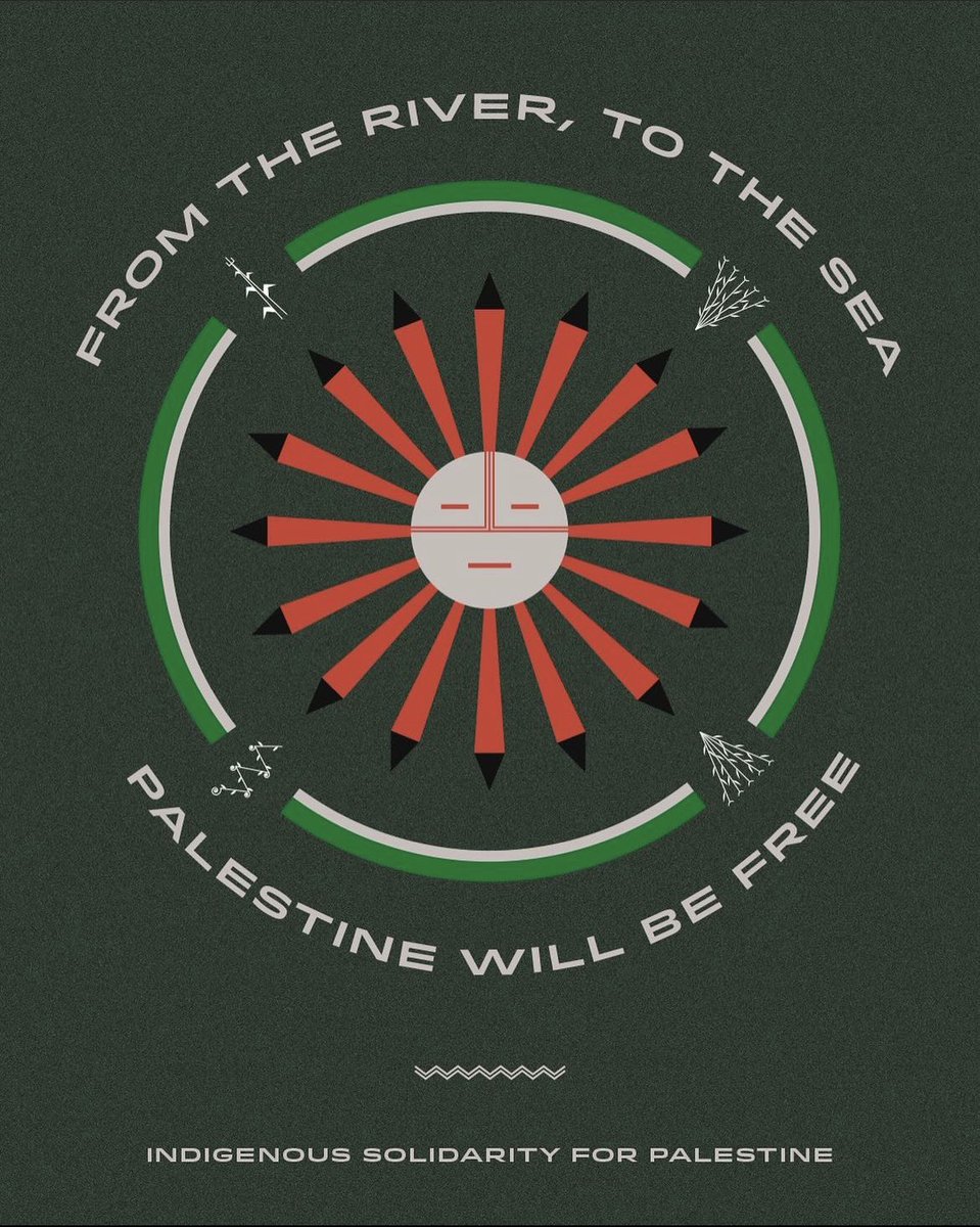 CultureStrike's tweet photo. As Indigenous peoples of territories that have been occupied, disrespected, and uprooted, we understand the need to liberate not only the land, but its original inhabitants. 

From Turtle Island to Palestine, we lift our hands for the right to exist in our homelands and embody the futures we do not have to fight for. Together, we rise and resist for the joy and enrichment of our communities they so deserve. 

Artwork: Victor Pascual | @/a_desert_dweller 

#CeasefireNow 
#FromTheRiverToTheSea 
#FreeFalasteen