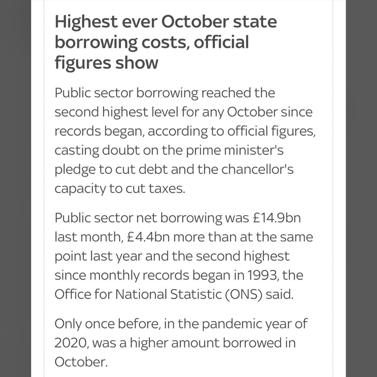 carolvorders's tweet photo. NEWS

🔹Tories create MORE economic misery 

🔹Govt Net Borrowing October - £14.9 billion

🔹2nd highest October extra borrowing since records began.

🔹 National debt 
2010.      £950 billion
2023.  £2,600 billion 

🔹Just the interest on our debt in October was £7.5 billion https://t.co/85DF9nvW8k