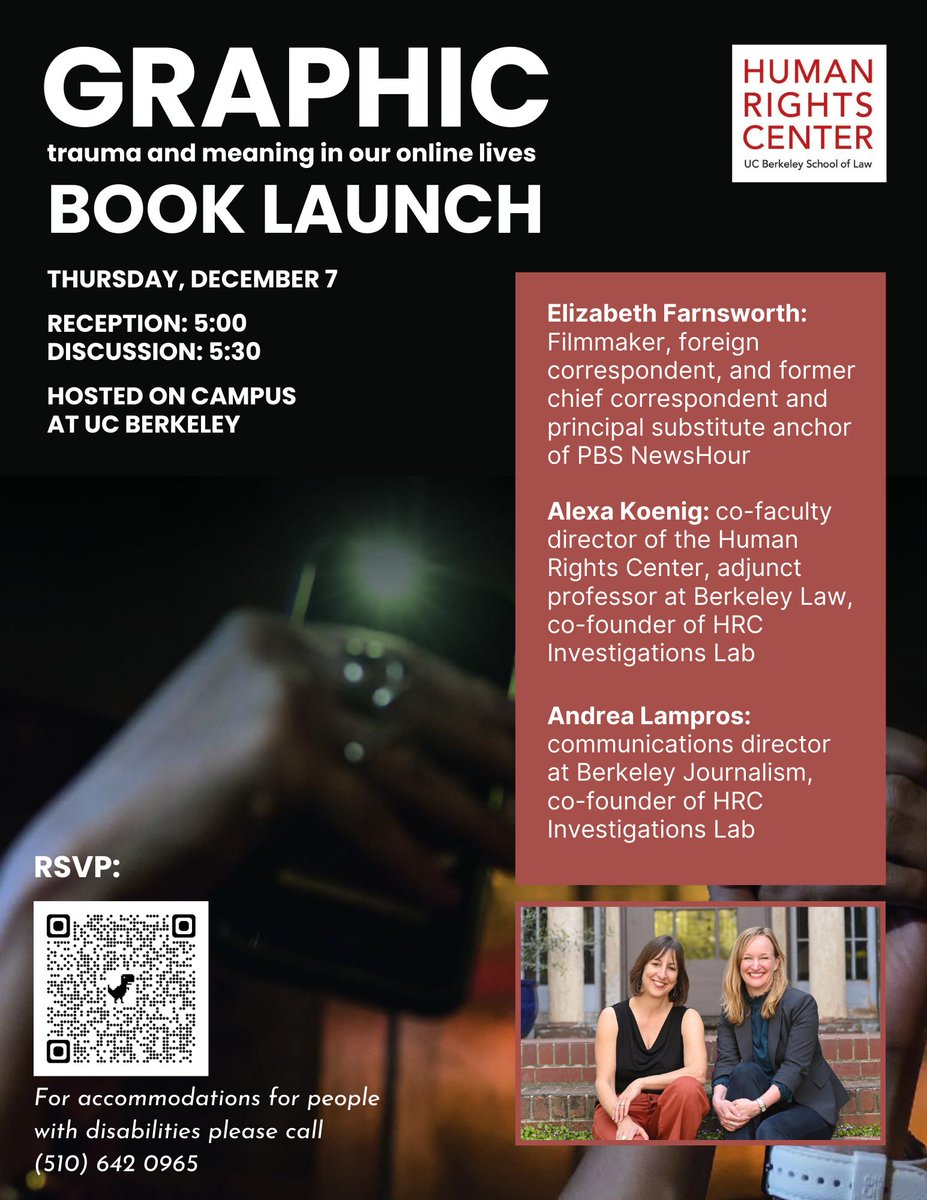 Graphic: Trauma and Meaning in our Online Lives (@graphicthebook) on Twitter photo Celebrate my publication with co-authors <a href="/KAlexaKoenig/">Alexa Koenig</a> and <a href="/adlampros/">Andrea Lampros</a> in conversation with <a href="/NewsHour/">PBS News</a> legend Elizabeth Farnsworth on December 7 at <a href="/hrcberkeley/">Human Rights Center</a>. You won't want to miss this!
events.berkeley.edu/hrc/event/2243… Celebrate my publication with co-authors <a href="/KAlexaKoenig/">Alexa Koenig</a> and <a href="/adlampros/">Andrea Lampros</a> in conversation with <a href="/NewsHour/">PBS News</a> legend Elizabeth Farnsworth on December 7 at <a href="/hrcberkeley/">Human Rights Center</a>. You won't want to miss this!
events.berkeley.edu/hrc/event/2243…