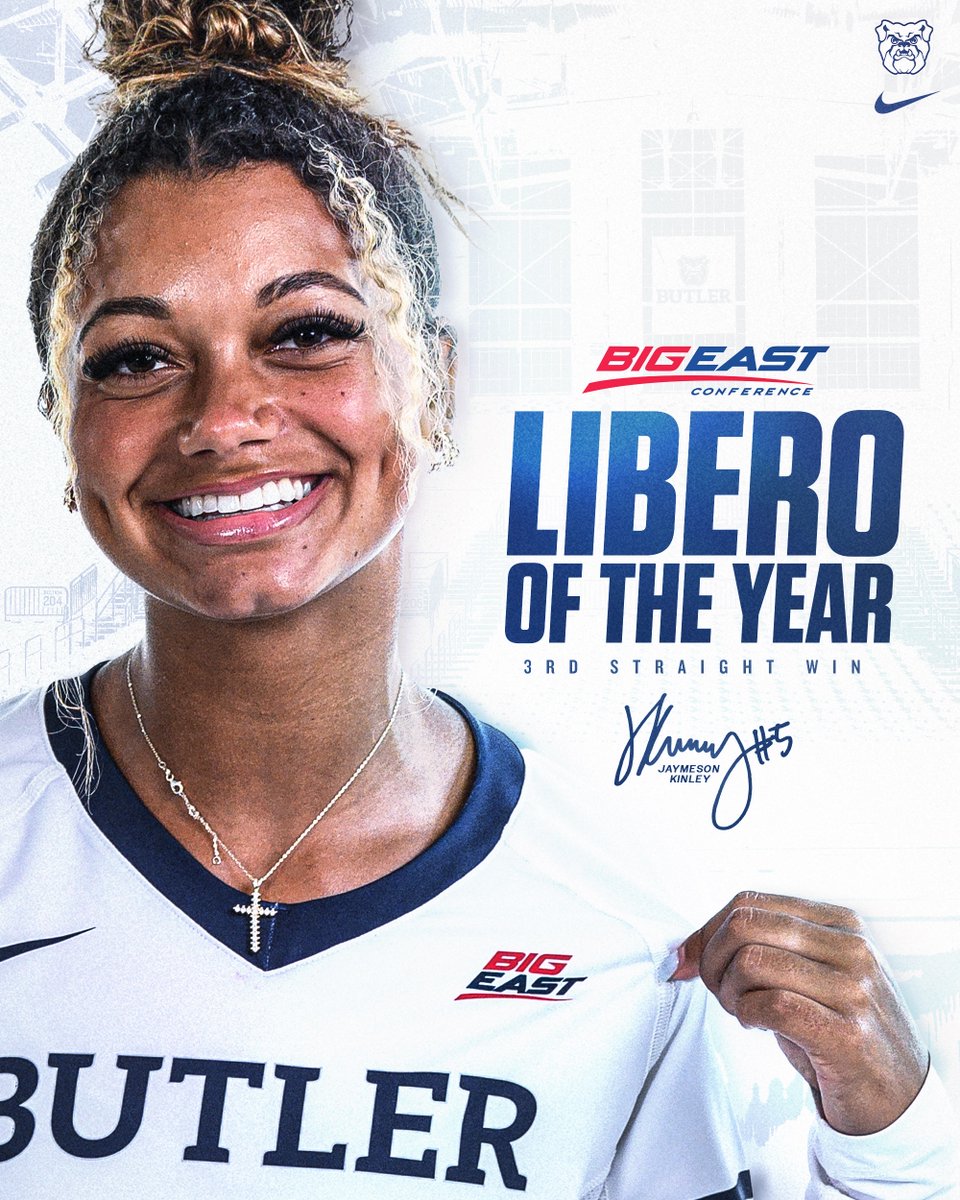 ButlerVB's tweet photo. Jaymeson Kinley is your BIG EAST Libero of the Year! 

Kinley caps off her incredible collegiate career by winning the award for the third consecutive season while also being named as an unanimous selection on the BIG EAST All-Conference Team. 

#ButlerWay 🐶 🏐 https://t.co/VXETkuvmVn