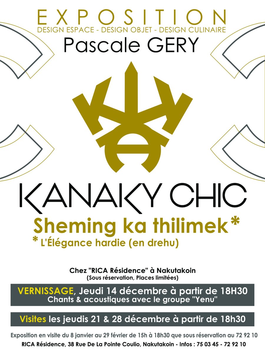 PascaleGERY's tweet photo. 🔜Je vous convie le Jeudi 14 décembre, à mon exposition "Kanaky Chic, La sheming ka thilimek* (*L'élégance hardie)" à la résidence table d'hôte Rica Résidence sur Nakutakoin. Les places sont limitées. Il y a 3 dates. Les inscriptions ici : https://t.co/GFpZnnx7QM https://t.co/xNnFWOxzAI