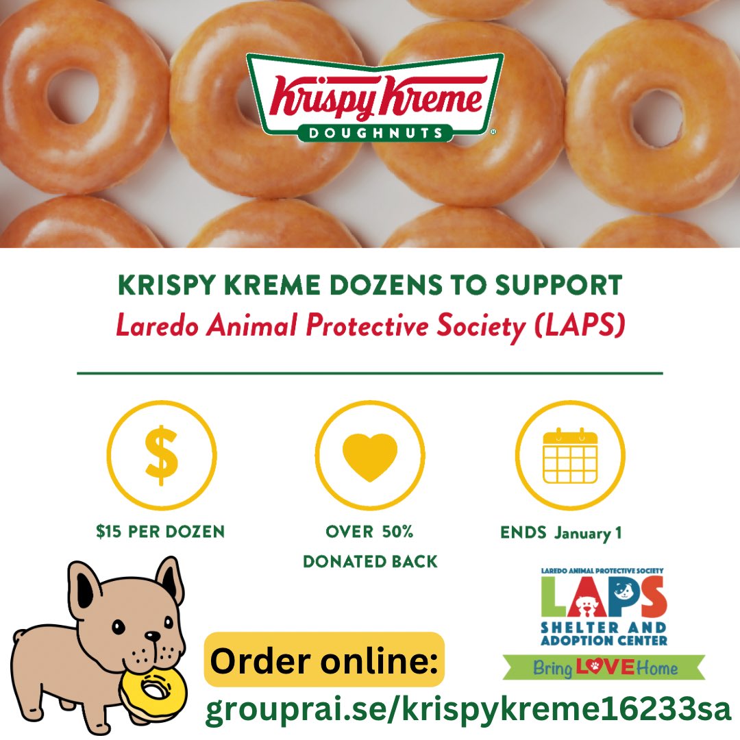 🍩 Looking for an easy dessert to bring to your Thanksgiving festivities? 🦃 Order a dozen donuts AND help us raise money for our dogs! 🐶 Order a dozen donuts for $15 through our fundraising link and 50% of your order will be donated back to our shelter! grouprai.se/krispykreme162…