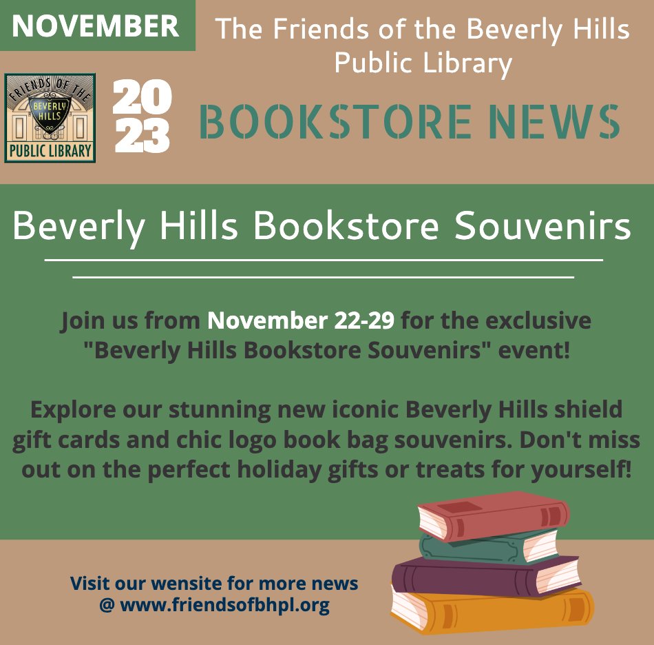 Exciting News from Friends BHPL Bookstore! 'Beverly Hills Bookstore Souvenirs' ➡️Nov 22-29 Explore our stunning new iconic Beverly Hills shield gift cards & chic logo book bag souvenirs. Visit our website for more details: friendsofbhpl.org #BHPL #BHBookstoreSouvenirs