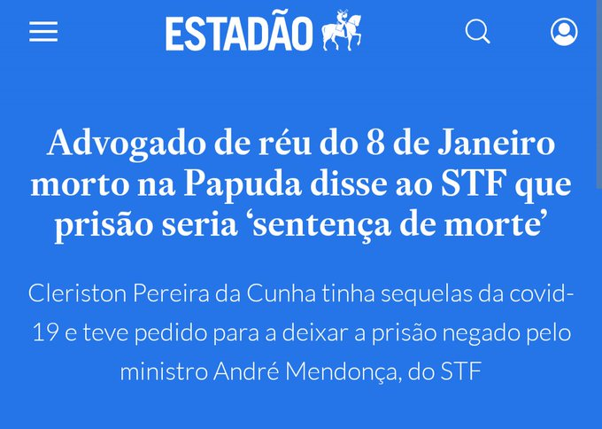 Senhor ministro ANDRÉ MENDONÇA, lamento informá-lo mas o douto ministro TAMBÉM É CÚMPLICE desse assassinato, e está com sangue nas mãos, senhor terrivelmente evangélico.

Por ter negado ao HABEAS CORPUS (garantia fundamental de todo cidadão previsto na Constituição Federal)