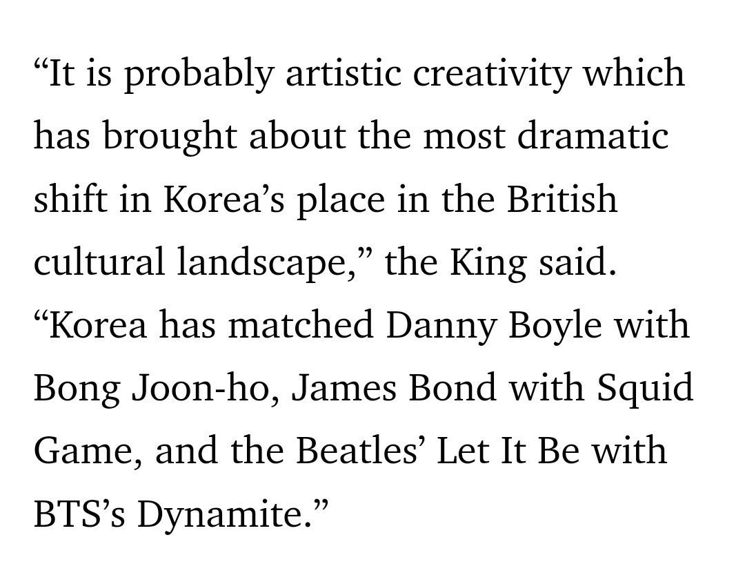 villainsjeon's tweet photo. — “Korea has matched the Beatles’ Let It Be with BTS’s DYNAMITE”
— “Korea is the country of BTS” 

King Charles mentioning BTS in his speech tonight. BTS is really the face of SK 👏🏻

BTS PAVED THE WAY https://t.co/Kxa3xnic9h