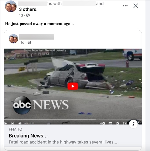 AricToler's tweet photo. Just saw a Facebook phishing/virus scheme where infected accounts will post a picture/news article about a car crash, tagging someone. It'll appear in your news feed, and you'd click it thinking that your friend is dead. Clever and really awful. https://t.co/SlKuX7SyfW