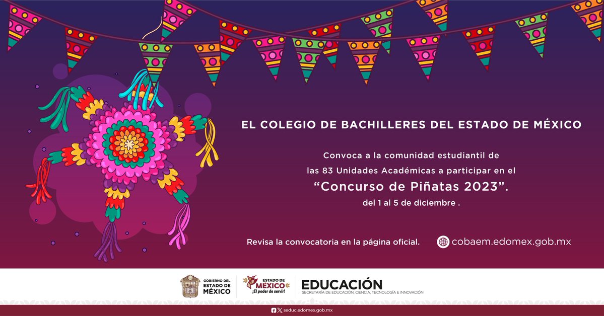 COBAEMex's tweet photo. Participa en nuestro tradicional 🪅 "Concurso de Piñatas 2023". Ingresa en el siguiente enlace para revisar las bases y no quedarte fuera: 
🌐 https://t.co/a7k4NejdxJ
#SomosCOBAEM https://t.co/1u8XDNPffQ